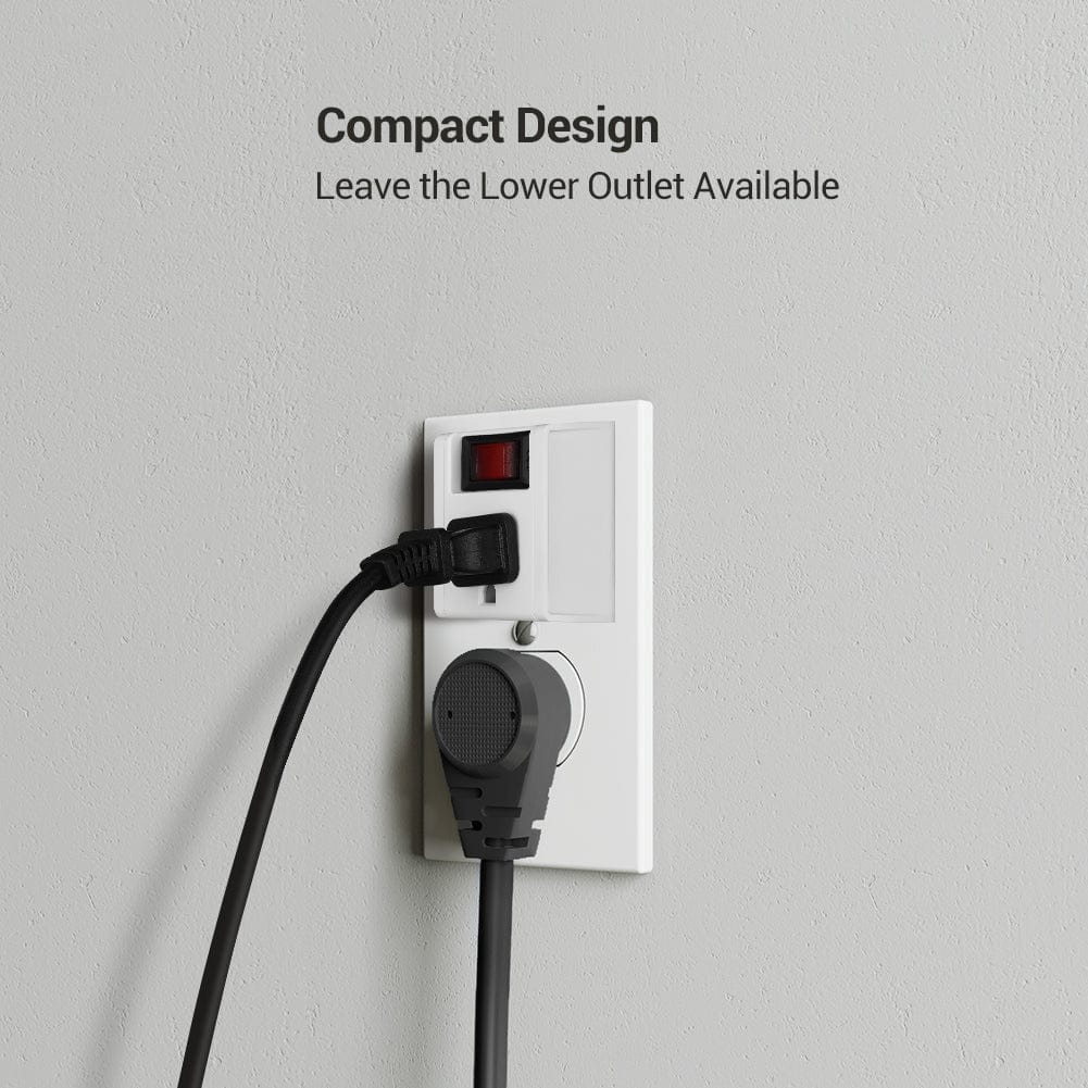 3 Prong Grounded Single Port Power Adapter for Outlet: compact design preserves the lower outlet while providing grounded on/off controlled power for efficient space-saving use