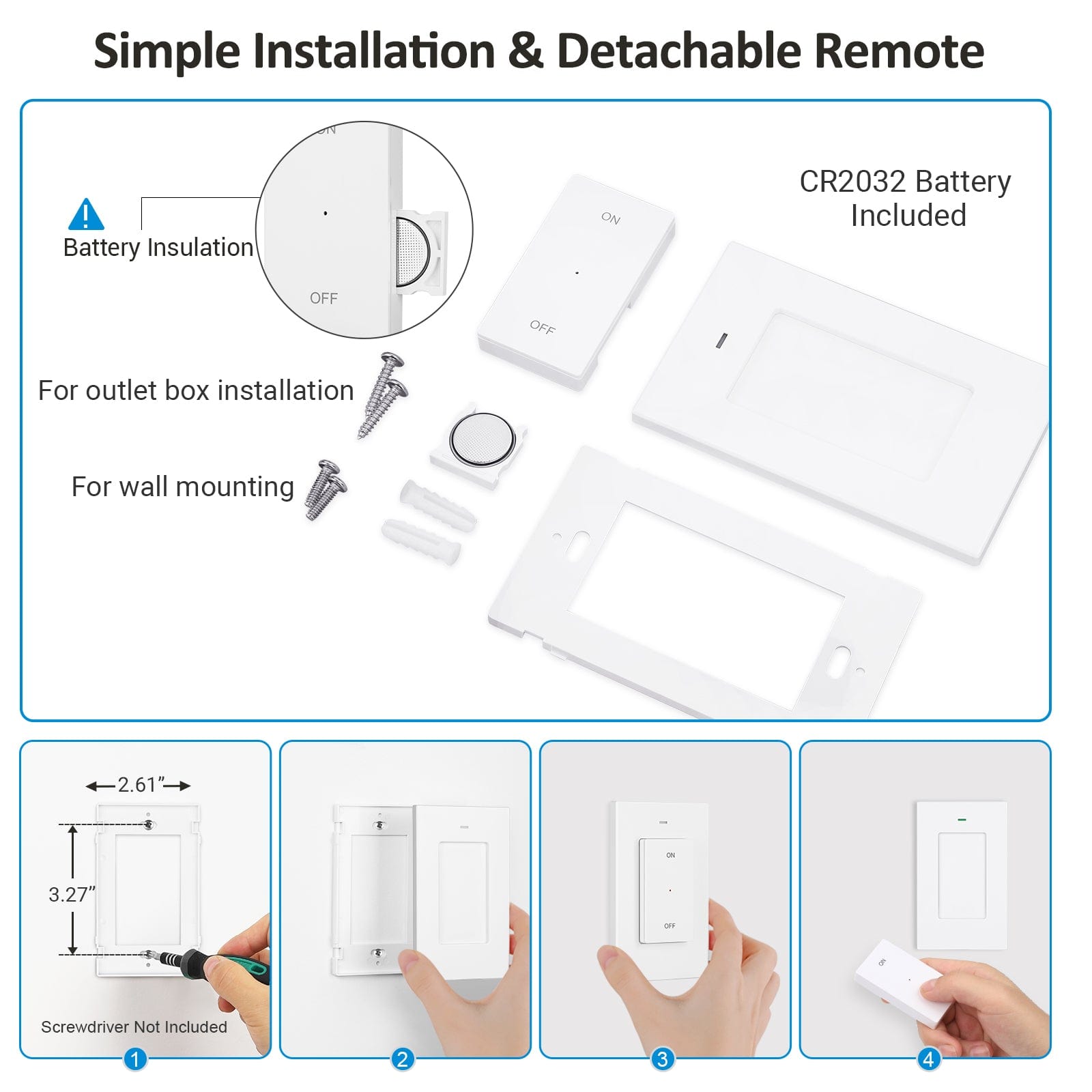DEWENWILS Remote Control Outlet, Wireless Light Switch with 2 Side Outlets, 100 FT Range Remote Outlet Switch for Lamp, No Wiring, 15A/1875W, Compact Design, Programmable-SHRLS11H