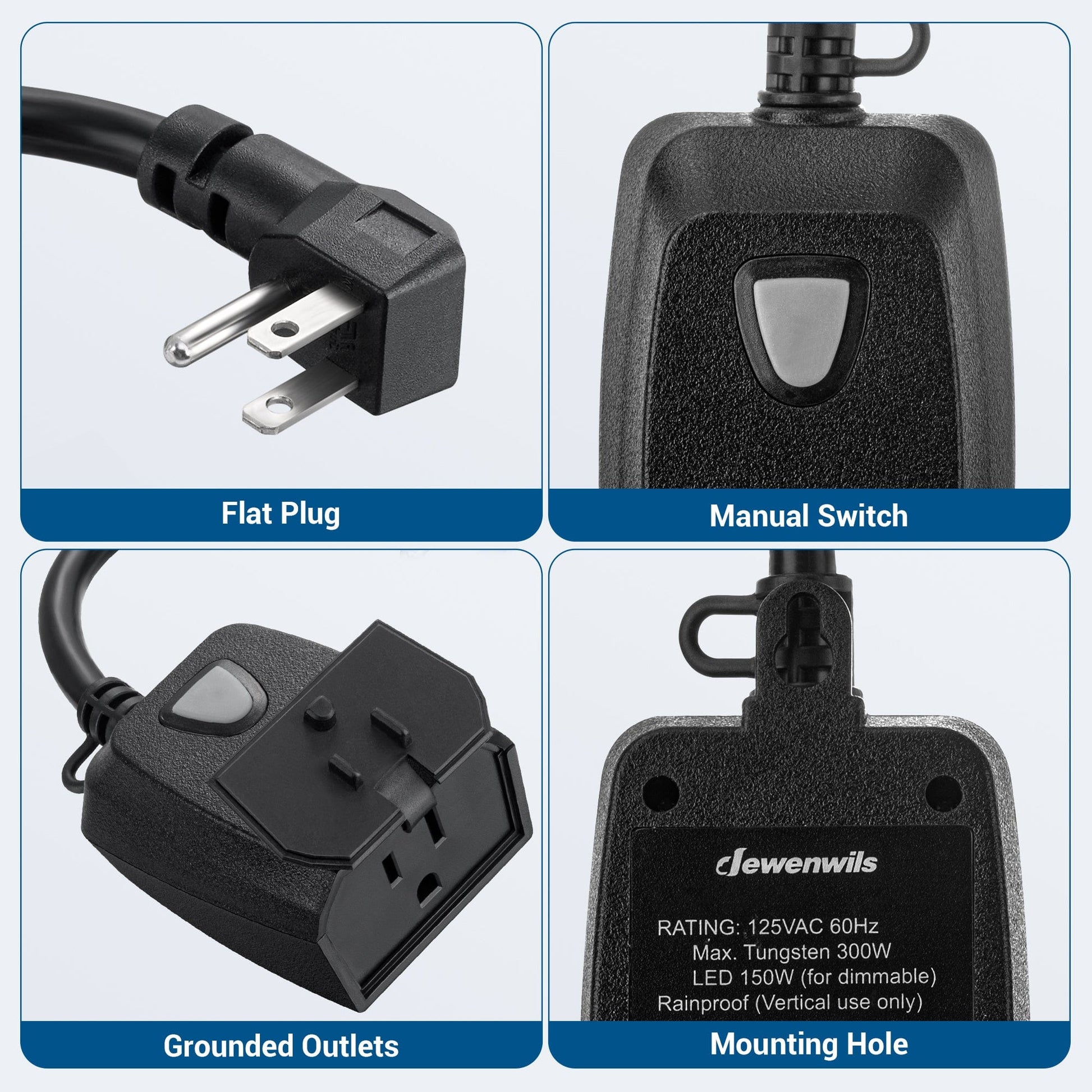 Outdoor dimmer: Features a space-saving flat plug, a manual control switch, grounded outlets for safety, and a built-in mounting hole for easy installation.
