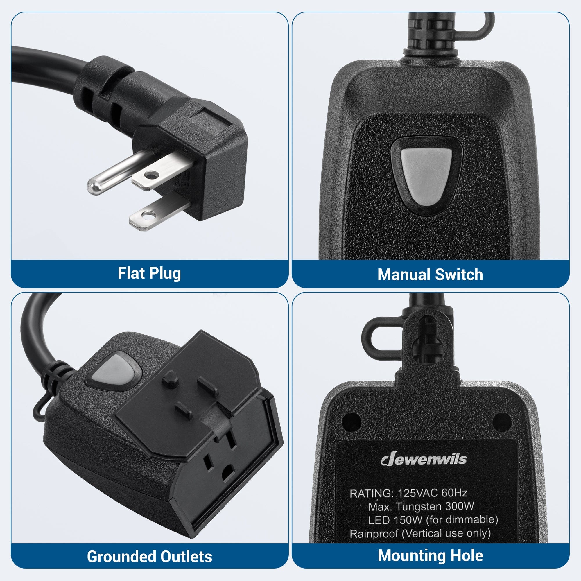 Outdoor dimmer: Features a space-saving flat plug, a manual control switch, grounded outlets for safety, and a built-in mounting hole for easy installation.