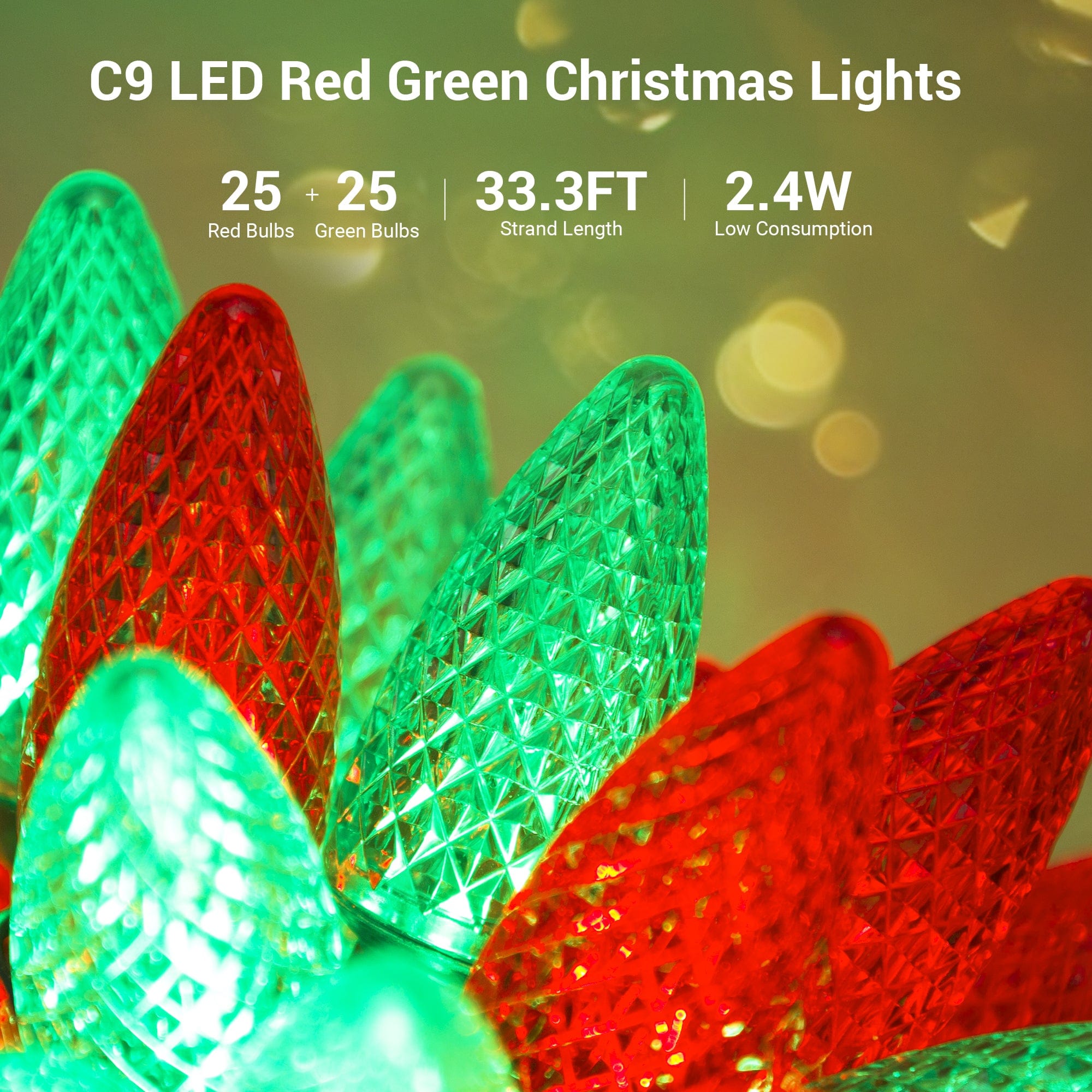 DEWENWILS C9 Christmas Lights Outdoor, 33.3ft 50LED Christmas Tree Lights, Waterproof, Big Christmas Lights, Extendable for Wedding Party Christmas Decoration, Green Wire, Red & Green-HCSL11B