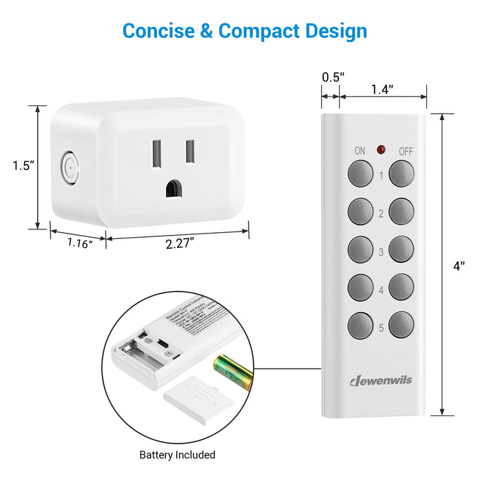 DEWENWILS Indoor Wireless Remote Control Outlet, Wireless Light Switch,  100ft RF Range, Compact Design, ETL Listed, White (2 Remotes + 5 Outlets  Set) 