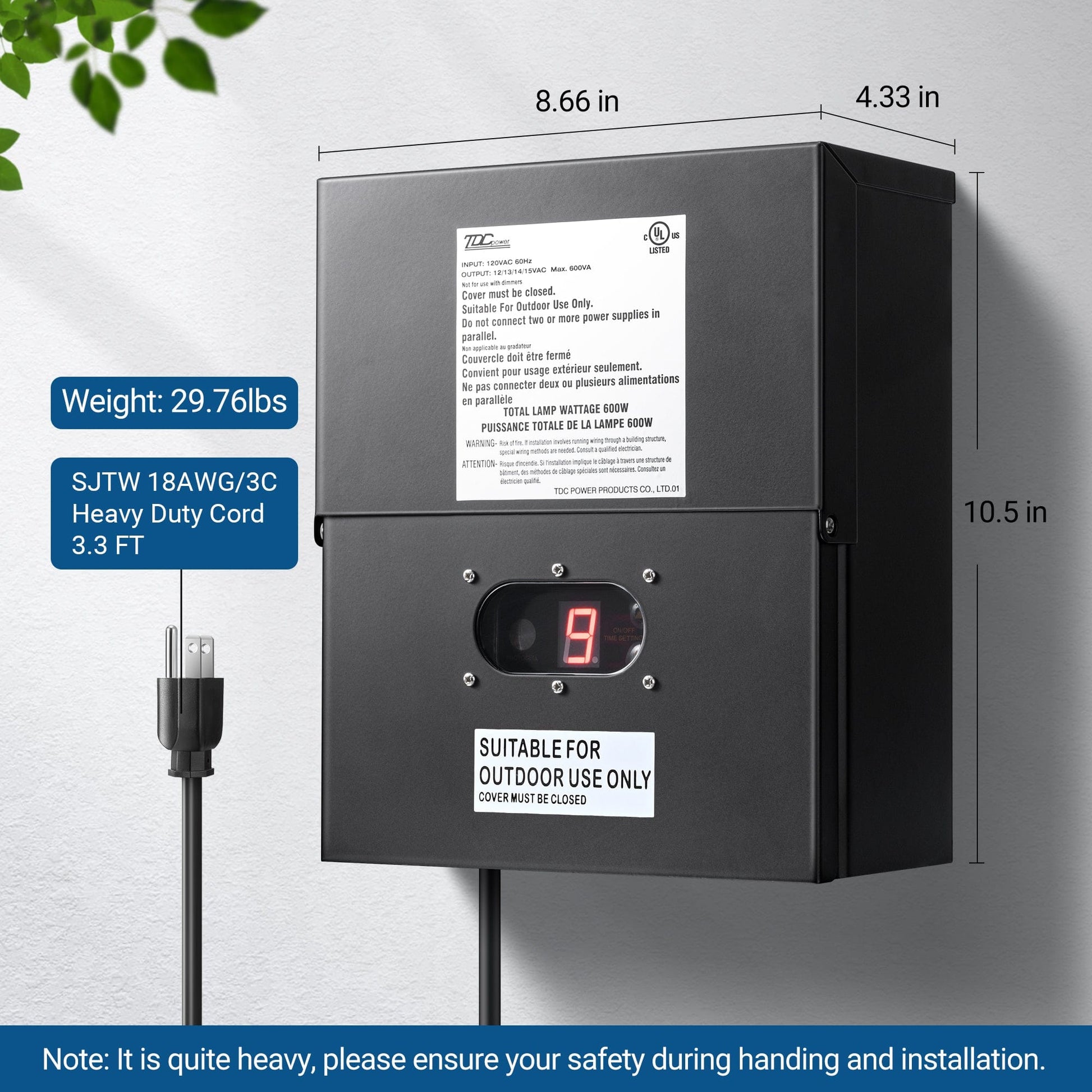 DEWENWILS 600W Low Voltage Transformer, size 8.66 in L × 4.33 in W × 10.5 in H, weight 29.76 lbs, with 3.3 ft 18 AWG/3C heavy-duty cord