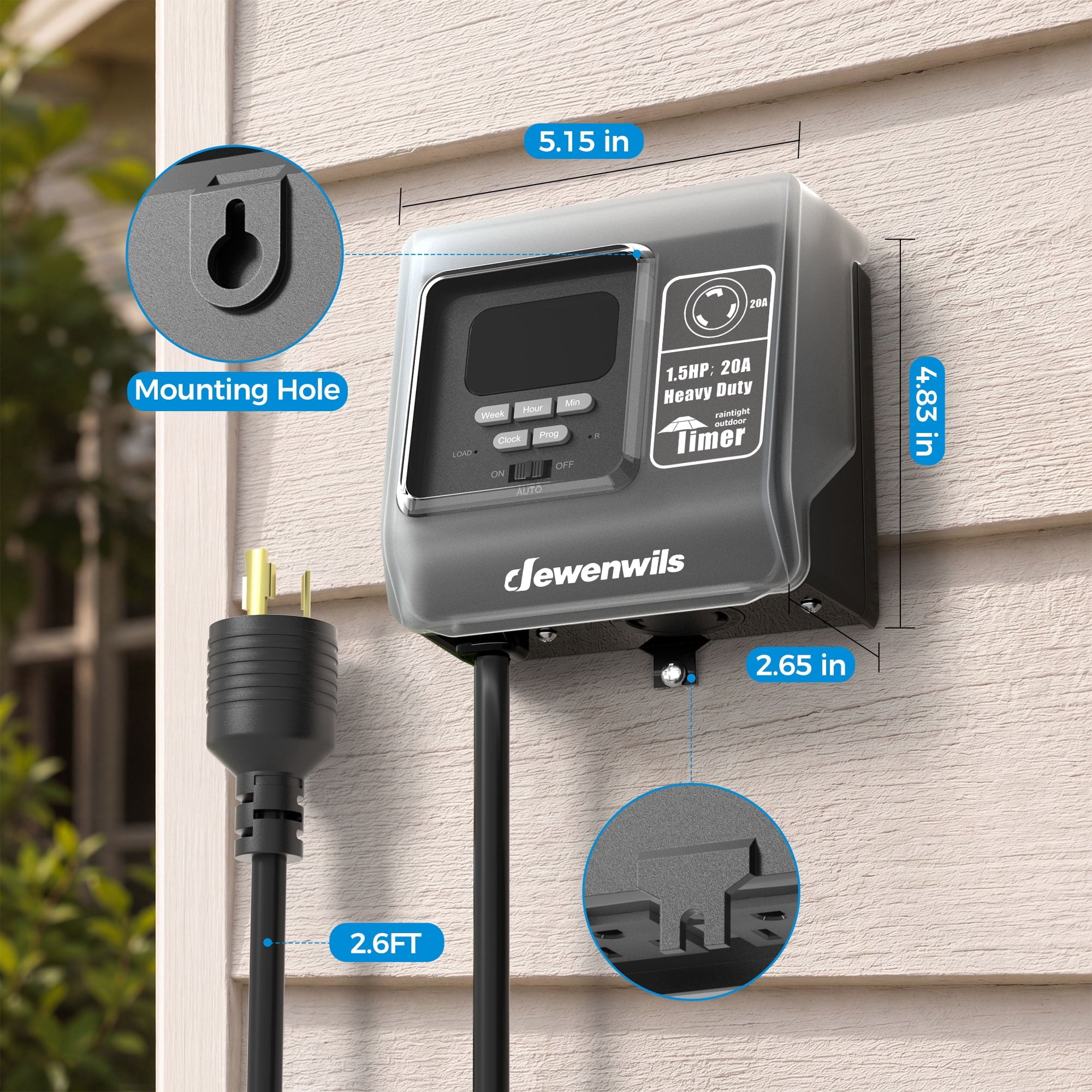 DEWENWILS Digital Pool Timer, L5-20R Twist-Lock Plug-In Outdoor Timer, 7-Day Programmable 16 ON/OFF, 20A 120V 1.5HP Heavy Duty Weatherproof Timer for Pool Pumps, Heaters & Lights