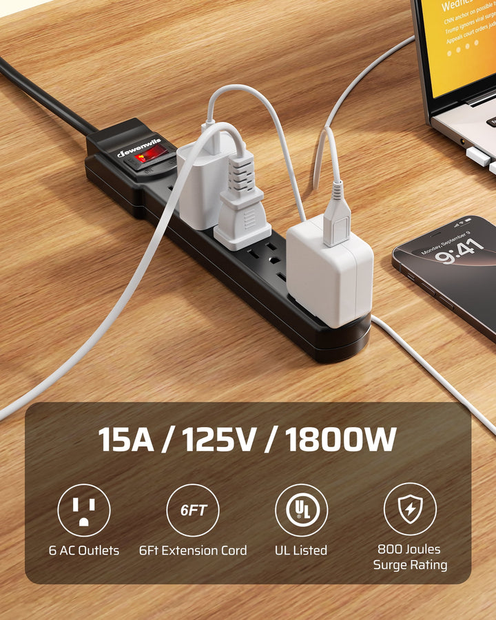 DEWENWILS 2Pack 15A 125V 800J Surge Protector Power Strips 6ft Heavy Duty SJT Cord, 360° Flat Plug, ETL Certified, Black