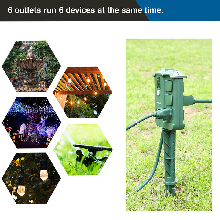 DEWENWILS Outdoor Power Stake Timer Waterproof, 100FT Wireless Remote  Control, 6 Grounded Outlets, 6FT Extension Cord, Photocell Dusk to Dawn for  Christmas Decoration, Lights, Garden, UL Listed 
