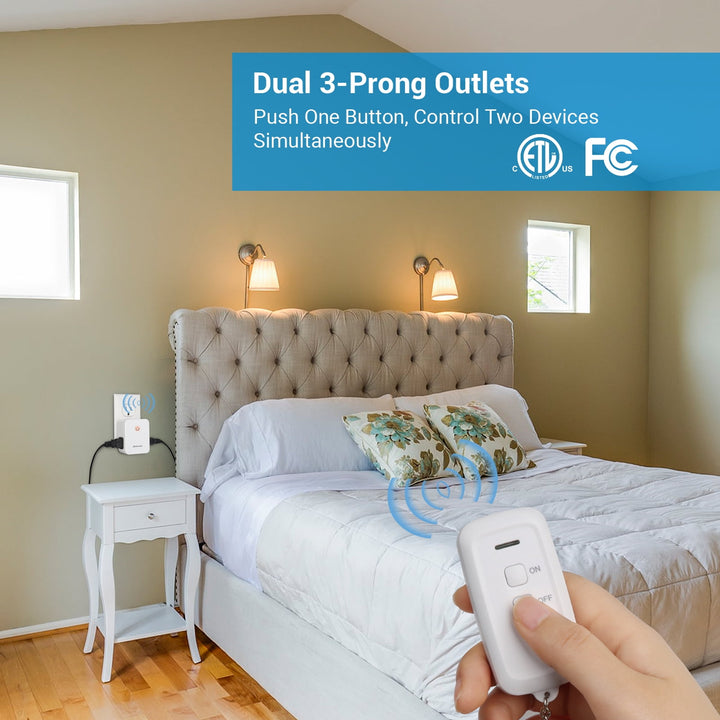 DEWENWILS Remote Control Outlet with 2 Remotes, No Interference Wireless Remote Outlet Light Switch with 2 Side Outlets, 15A/1875W, 100ft RF Range