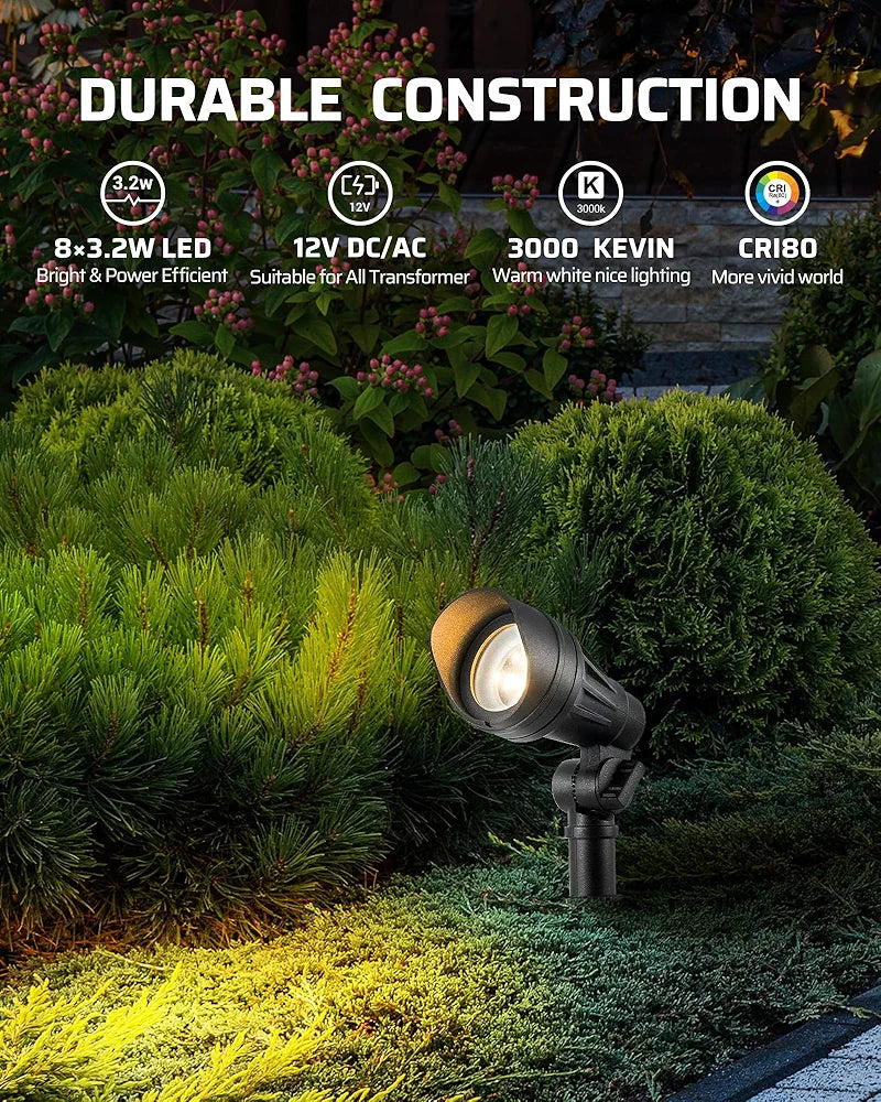 DEWENWILS 12V Landscape Lighting kit, 1x60W Transformer with Timer+8x3.2W Aluminum LED Low Voltage Landscape Spotlight Lights, 100FT Wire+8 Pack Connector for Patio Yard Garden