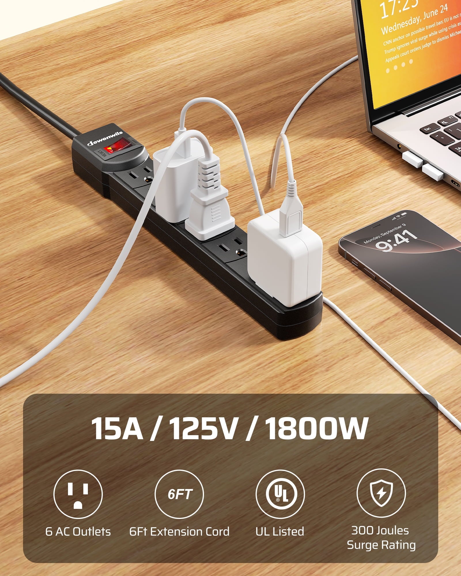 DEWENWILS 2Pack 15A 125V Surge Protector Power Strip – 6ft SJT Cord, 300J Protection, 360° Flat Plug ETL Certified, Black