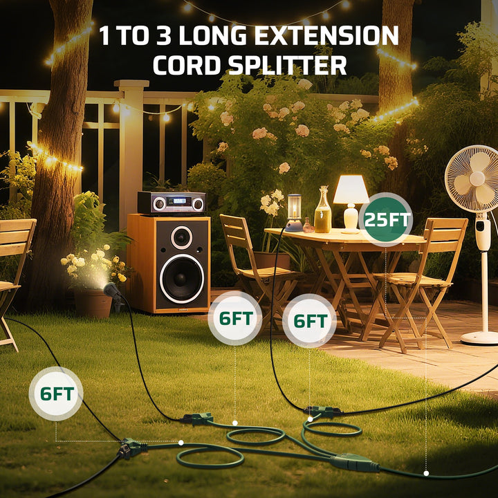 DEWENWILS 43 FT (25+6+6+6) Outdoor Extension Cord for Outside with 6 Outlets, Extension Cord Outdoor for Halloween Christmas Landscape Lighting, 16 AWG SJTW