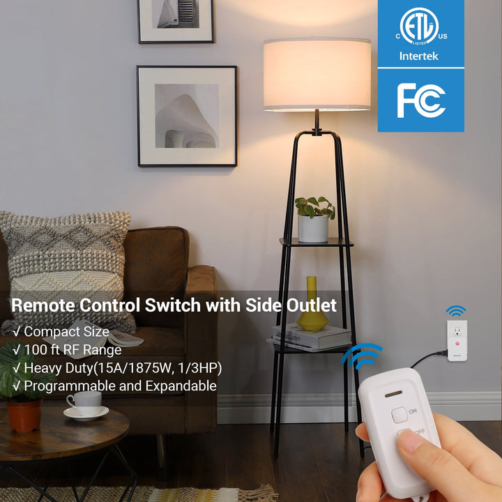 DEWENWILS Remote Control Outlet with 2 Remotes, No Interference Wireless Remote Outlet Light Switch with 2 Side Outlets, 15A/1875W, 100ft RF Range