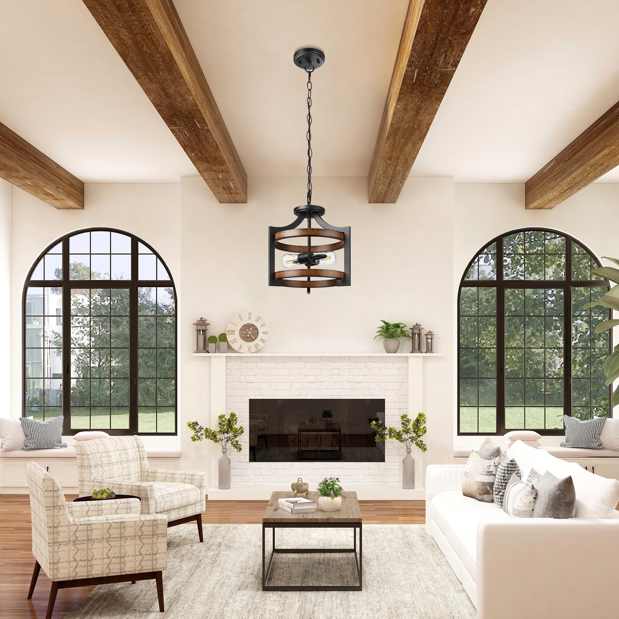 EDISHINE Ceiling Pendant Light, Farmhouse Ceiling Light Fixture, Metal Wood Grain Finish, 2-Light Pendant Light Fixtures for Hallway, Entryway, Foyer, Dining Room