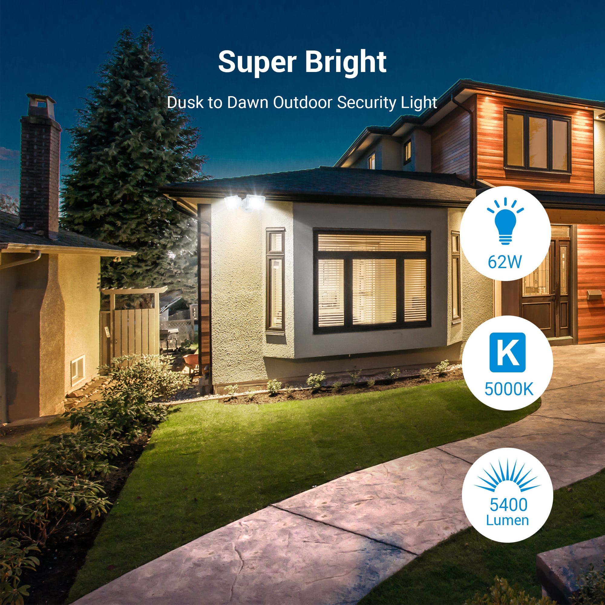 DEWENWILS 5,400 Lumens, Dusk to Dawn LED Flood Light Outdoor, 62W 5000K, IP65 Waterproof, 2 Adjustable Heads for Yard, Porch, Garage-HHSL03B