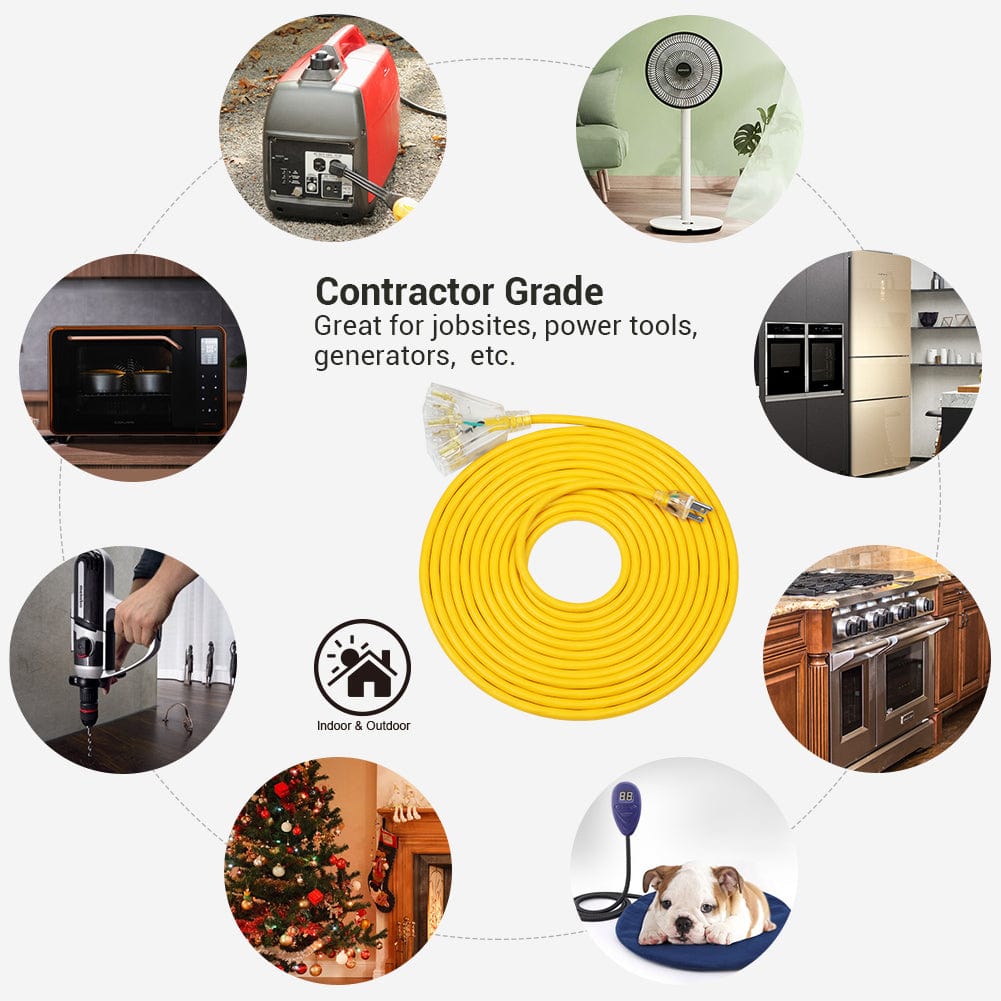 DEWENWILS 25ft Tri-Tap Extension Cord Splitter, 14/3 Gauge Heavy Duty Power Cable, SJTW 15 Amp for Multiple Appliances, LED Lighted Plug-HTOY25H