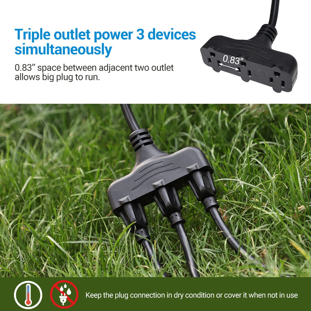 Outdoor Light Timer: Features triple outlets to power 3 devices simultaneously. The 0.83" spacing allows for large plugs. Keep connections dry or covered when not in use.