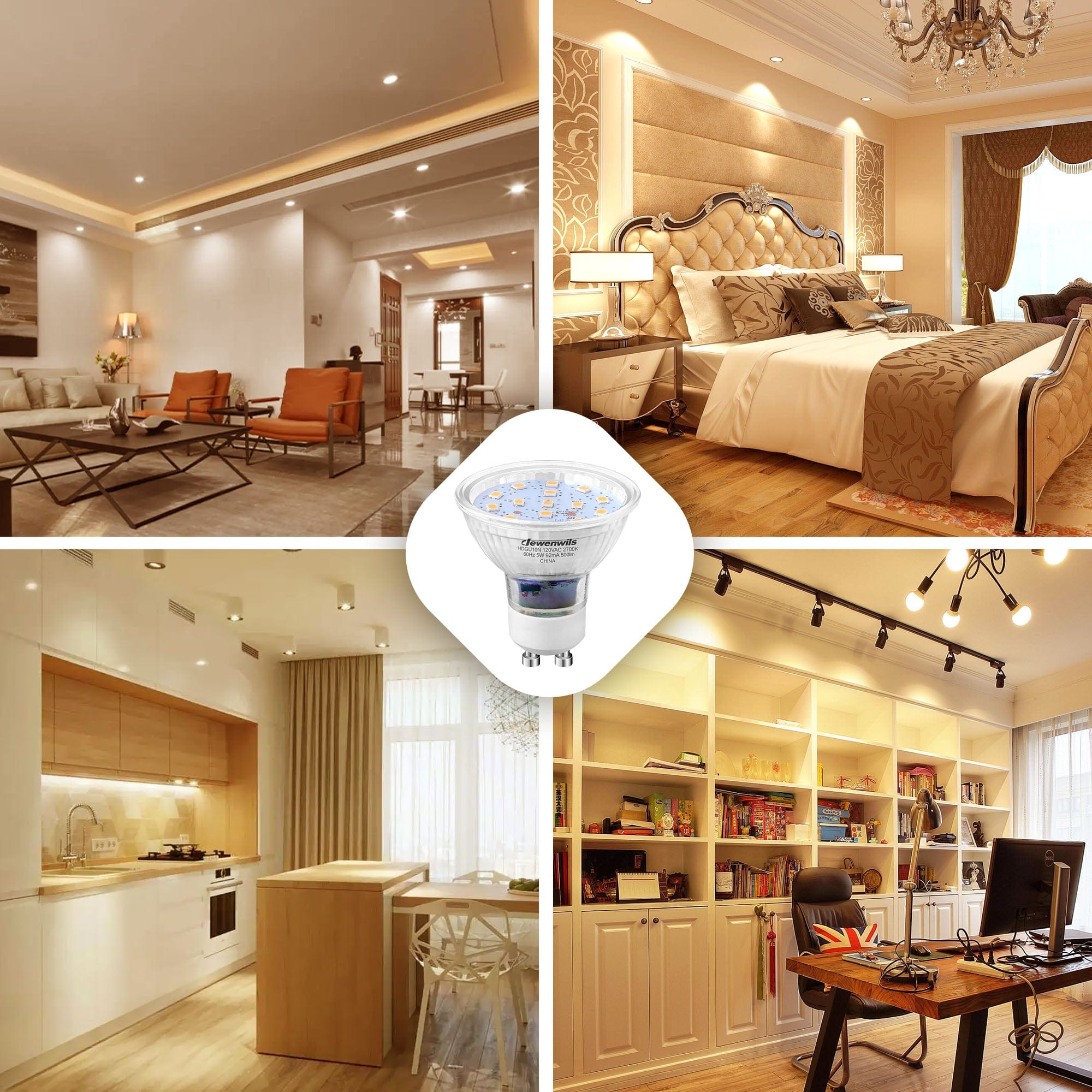 DEWENWILS Warm White Light GU10 LED Bulb Dimmable, 2700K  Two Prong Light Bulb, 5W(50W Equivalent), Track Light Bulbs for Kitchen Range Hood, Living Rroom, 120°Beam Angle, 500LM (10 Pack)-HDGU10N