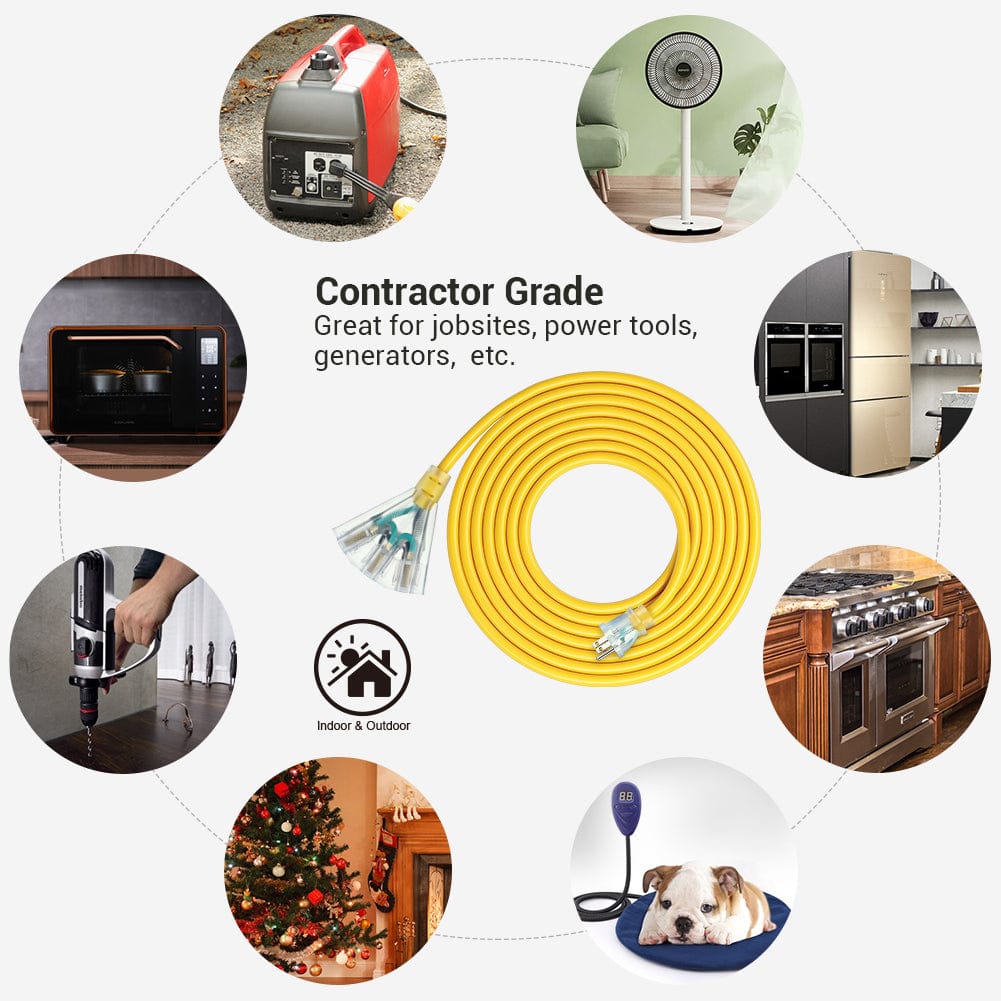 DEWENWILS 15 FT 12/3 Gauge Extension Cord Outdoor Tri-Tap Extension Cord Splitter, Heavy Duty Power Cable SJTW 15 Amp for Multiple Appliances, LED Lighted Plug-HTOY15C1