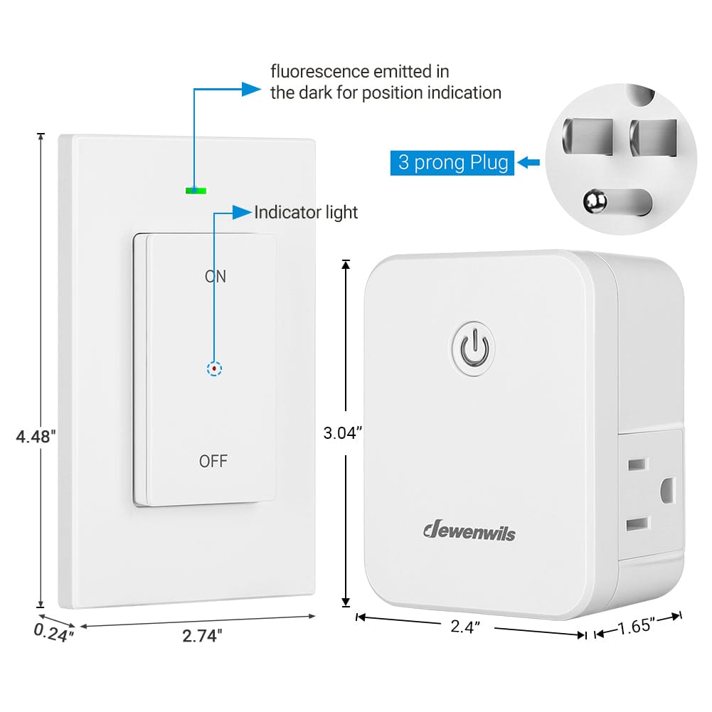 DEWENWILS Remote Control Outlet, Wireless Light Switch with 2 Side Outlets, 100 FT Range Remote Outlet Switch for Lamp, No Wiring, 15A/1875W, Compact Design, Programmable-SHRLS11H
