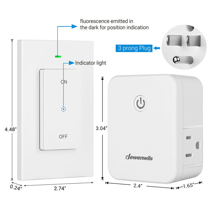 Wireless Remote Control Outlet Plug, Remote Light Switch Kit for Lights,  Fans, Small Appliance, Long Range White (5 Outlets + 2 Remotes) 1800W/15A 