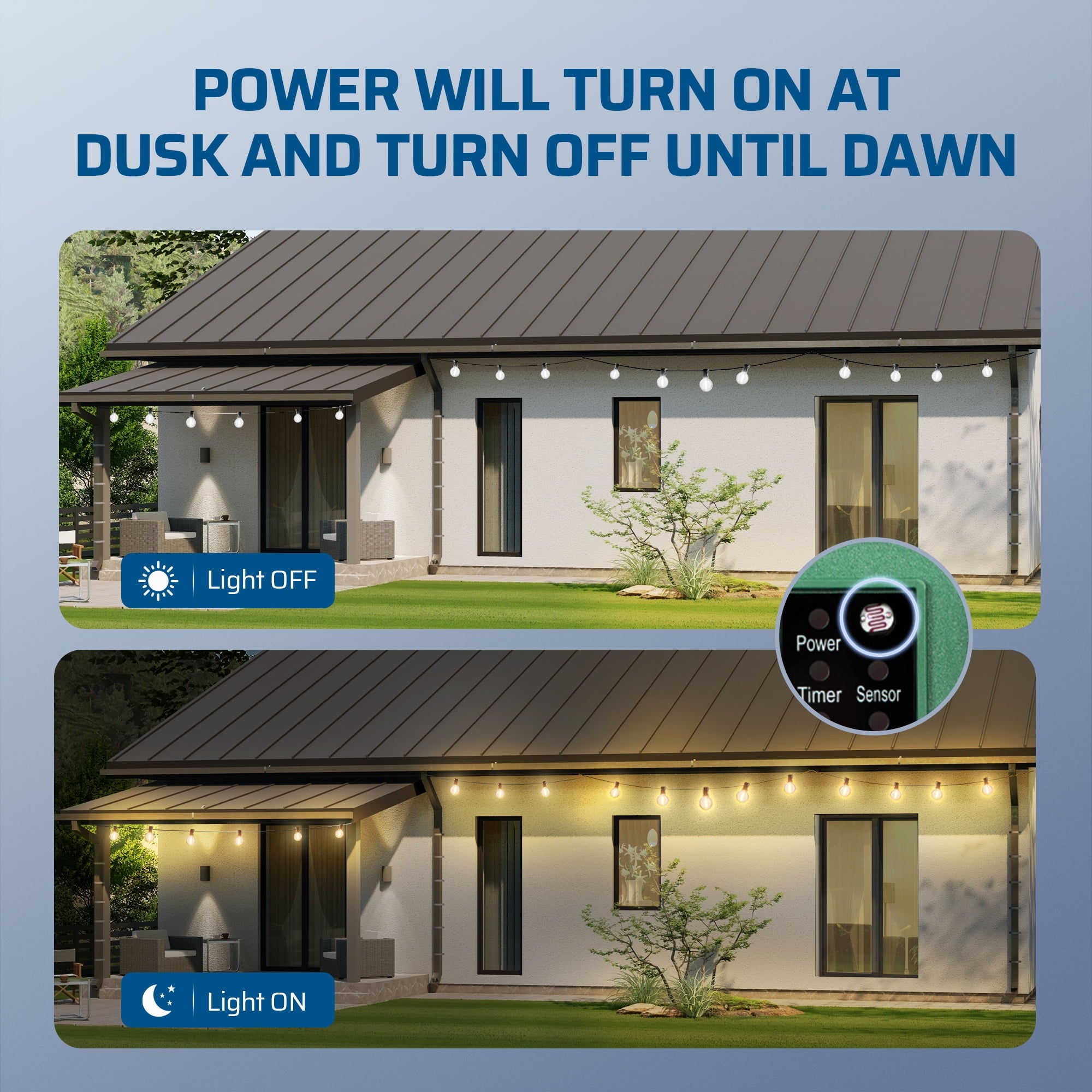 Outdoor Power Stake With Timer: Automatically turns power on at dusk and remains off at dawn for efficient and effortless outdoor lighting control.