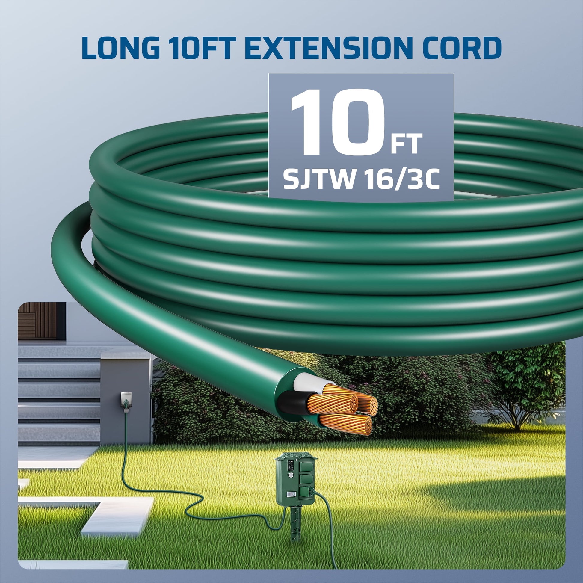 Outdoor Power Stake With Timer: Includes a 10ft 16/3C SJTW heavy-duty extension cord, providing extended reach and durable performance for all your outdoor power needs.