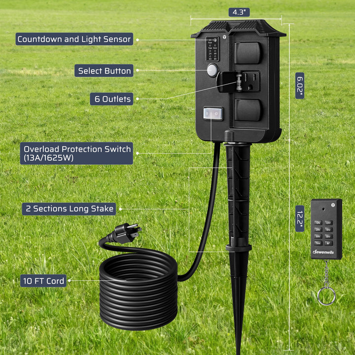 DEWENWILS 6-Outlet Outdoor Power Stake Timer with 10FT Cord, 100FT Control Range, Black