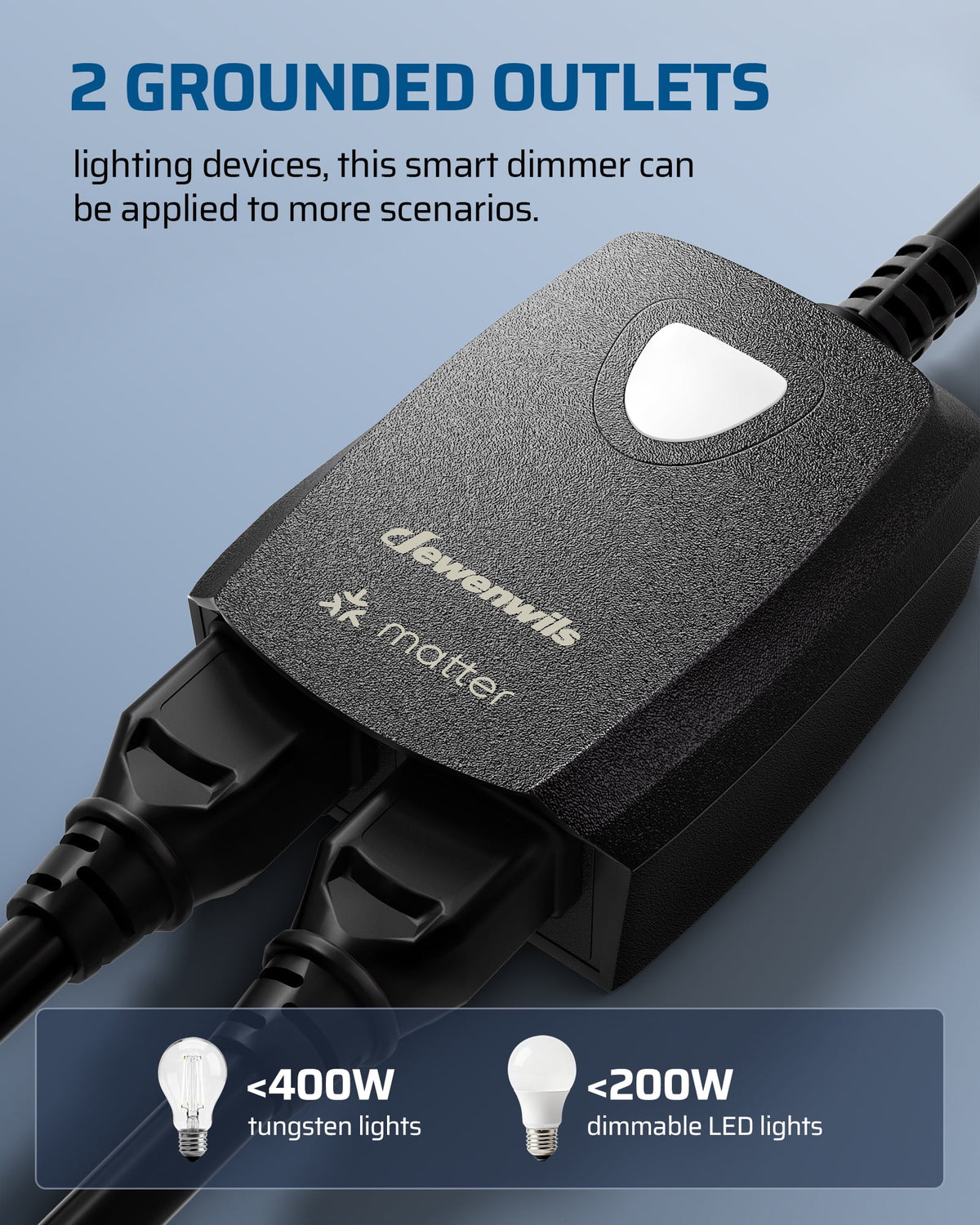 DEWENWILS Wi-Fi Matter Smart Dimmer Plug, Remote Control, 2 Grounded Outlets, Works with Alexa/Google Home, Support 200W Dimmable LED & 400W Tungsten Bulbs, Outdoor Dimmer for String Lights