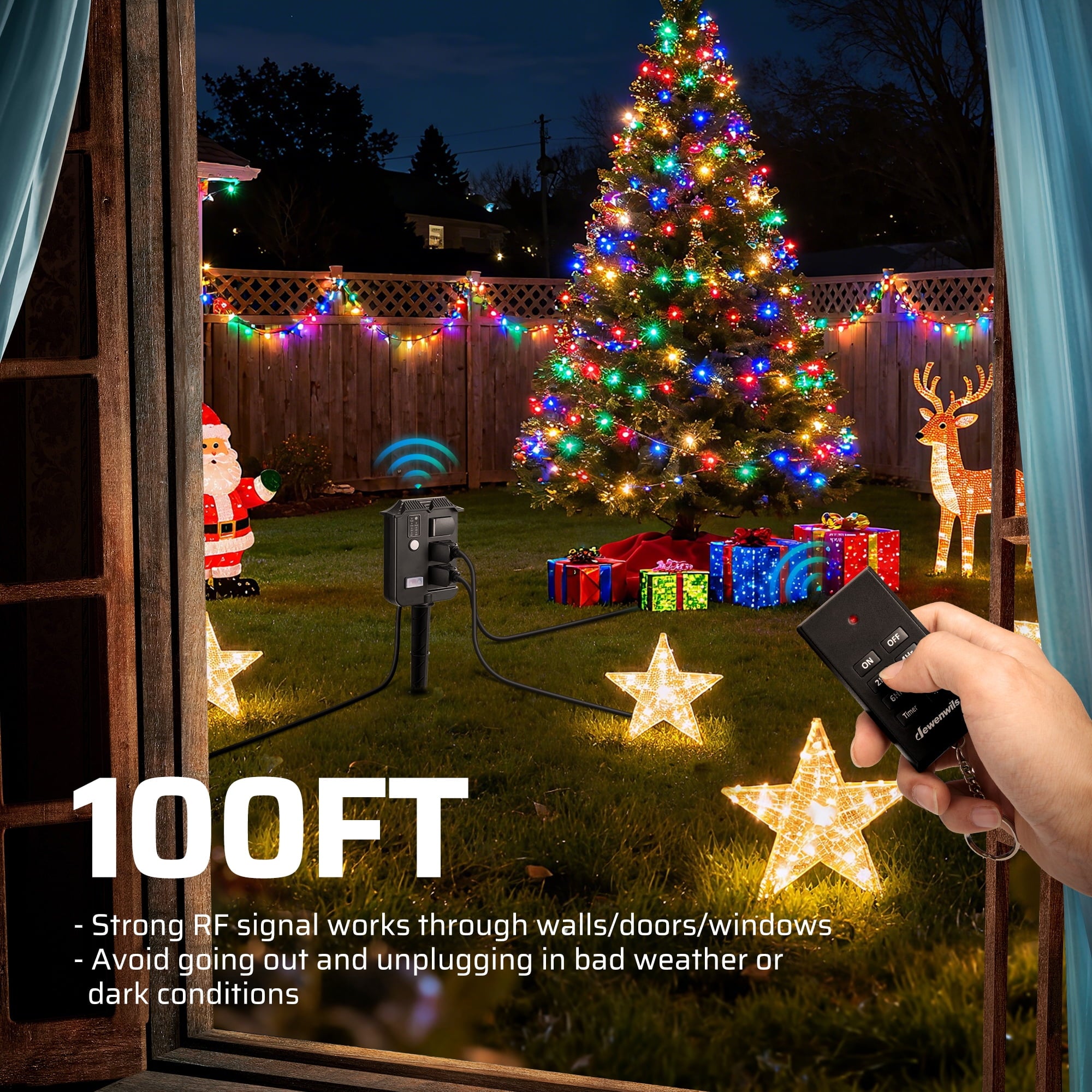 Outdoor Power Stake With Timer: Includes a 100ft range RF remote that works through walls and doors, allowing you to control devices without going out in bad weather.