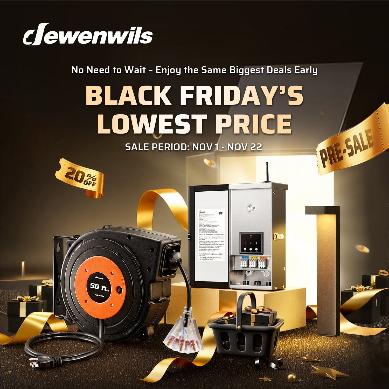 Black Friday promotional poster with Dewenwils products and deals.