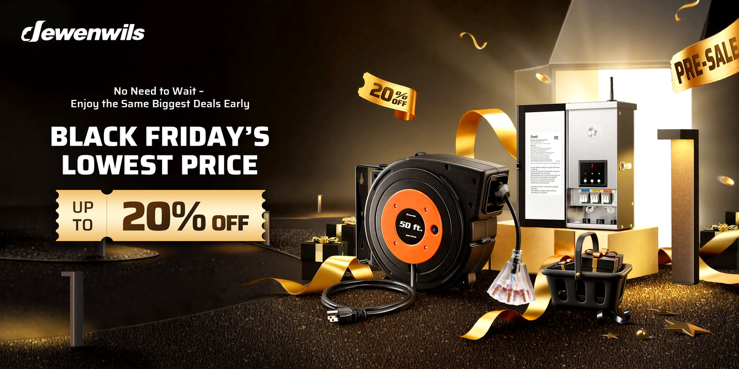 Black Friday sale advertisement with electronic products and promotional text on a dark background.