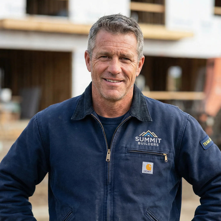 Man wearing a Summit Builders jacket in front of a construction site.