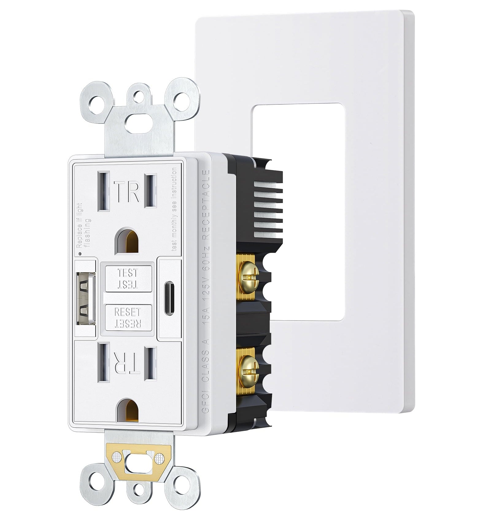 DEWENWILS 15A GFCI Outlet with 4.8A/24W USB-A & USB-C Ports, 30S Self-Test GFCI Electrical Outlet with Indicator Light, Tamper-Resistant Receptacle, Screwless Wall Plate, Clamping Plate, ETL Listed