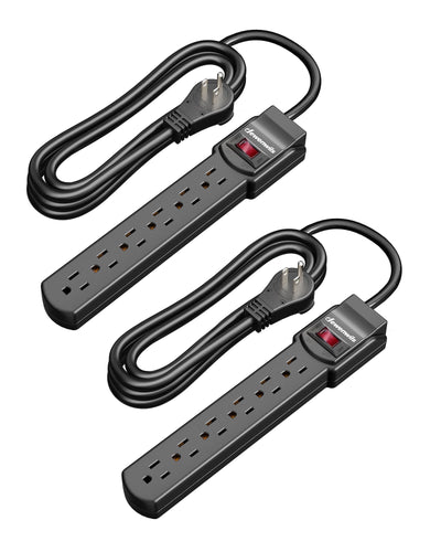 DEWENWILS 2Pack 15A 125V 800J Surge Protector Power Strips 6ft Heavy Duty SJT Cord, 360° Flat Plug, ETL Certified, Black