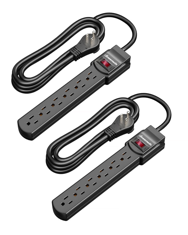 DEWENWILS 2Pack 15A 125V 800J Surge Protector Power Strips 6ft Heavy Duty SJT Cord, 360° Flat Plug, ETL Certified, Black