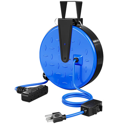 DEWENWILS 30FT Extension Cord Reel, 16/3 Gauge SJTW Power Cord, Retractable Cord Reel with 3 Outlets, Ceiling/Wall Mount for Garage, Workshop, 10A Circuit Breaker, Metal Plate, UL Listed, Blue