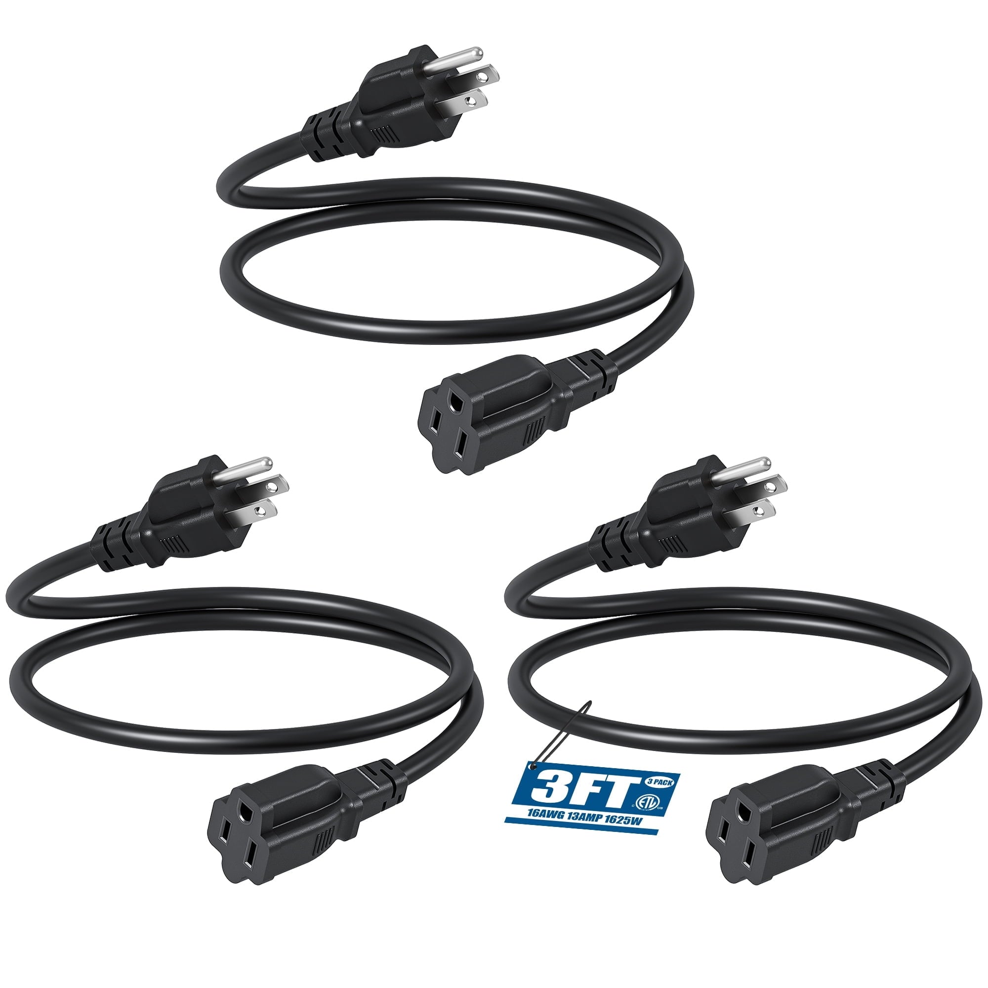 DEWENWILS 3 FT Extension Cords for Indoor and Outdoor 16 AWG 3 Prong 13A 3-Pack Black - WHNCB03C
