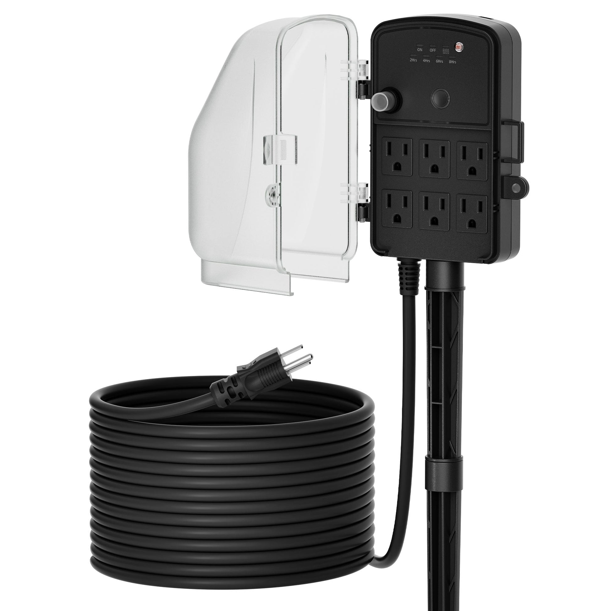 DEWENWILS 50FT Outdoor Power Stake Timer with 6 Outlets, 125VAC 15A, Light Sensor & Overload Protection, 4 Modes (Always On/Off/Photocell/Timer), Weatherproof, Black