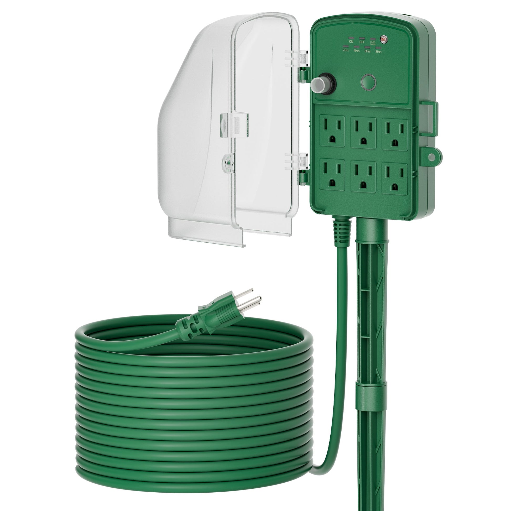 DEWENWILS 50FT Outdoor Power Stake Timer with 6 Outlets, 125VAC 15A, Light Sensor & Overload Protection, 4 Modes (Always On/Off/Photocell/Timer), Weatherproof, Green