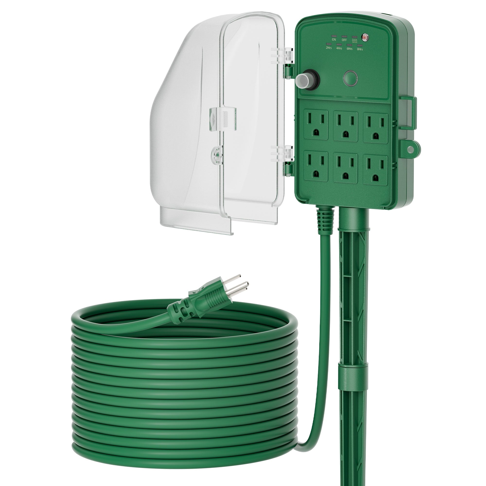 DEWENWILS 50FT Outdoor Power Stake Timer with 6 Outlets, 125VAC 15A, Light Sensor & Overload Protection, 4 Modes (Always On/Off/Photocell/Timer), Weatherproof, Green