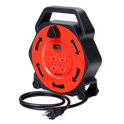 DEWENWILS Extension Cord Reel with 25 FT Power Cord, Hand Wind Retractable, 16/3 AWG SJTW, 4 Grounded Outlets, 13 Amp Circuit Breaker,Black and Red, UL Listed