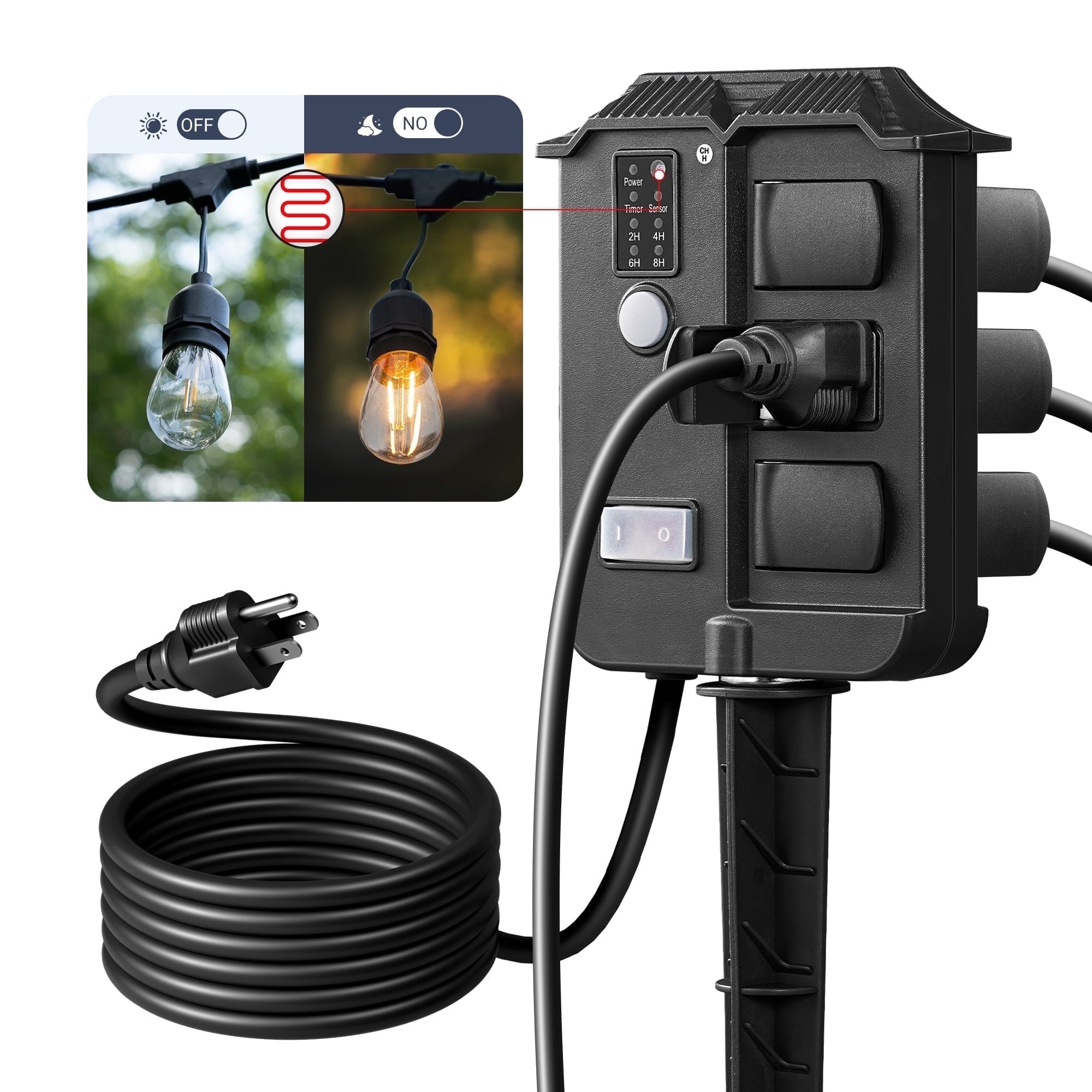 DEWENWILS Outdoor Power Stake Light Timer with 6 Grounded Outlets, 13A 1625W, 6FT Extension Cord, SJTW 16/3C, Dusk to Dawn Outdoor Timer for Lights, Yard, Garden, UL Listed
