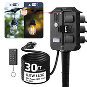 DEWENWILS Outdoor Power Stake Timer with Photocell, 100FT Remote Control, 6 Grounded Outlets, 30FT Extension Cord, Dusk to Dawn Timer for Christmas Lights, Holiday Decoration, Garden Lights