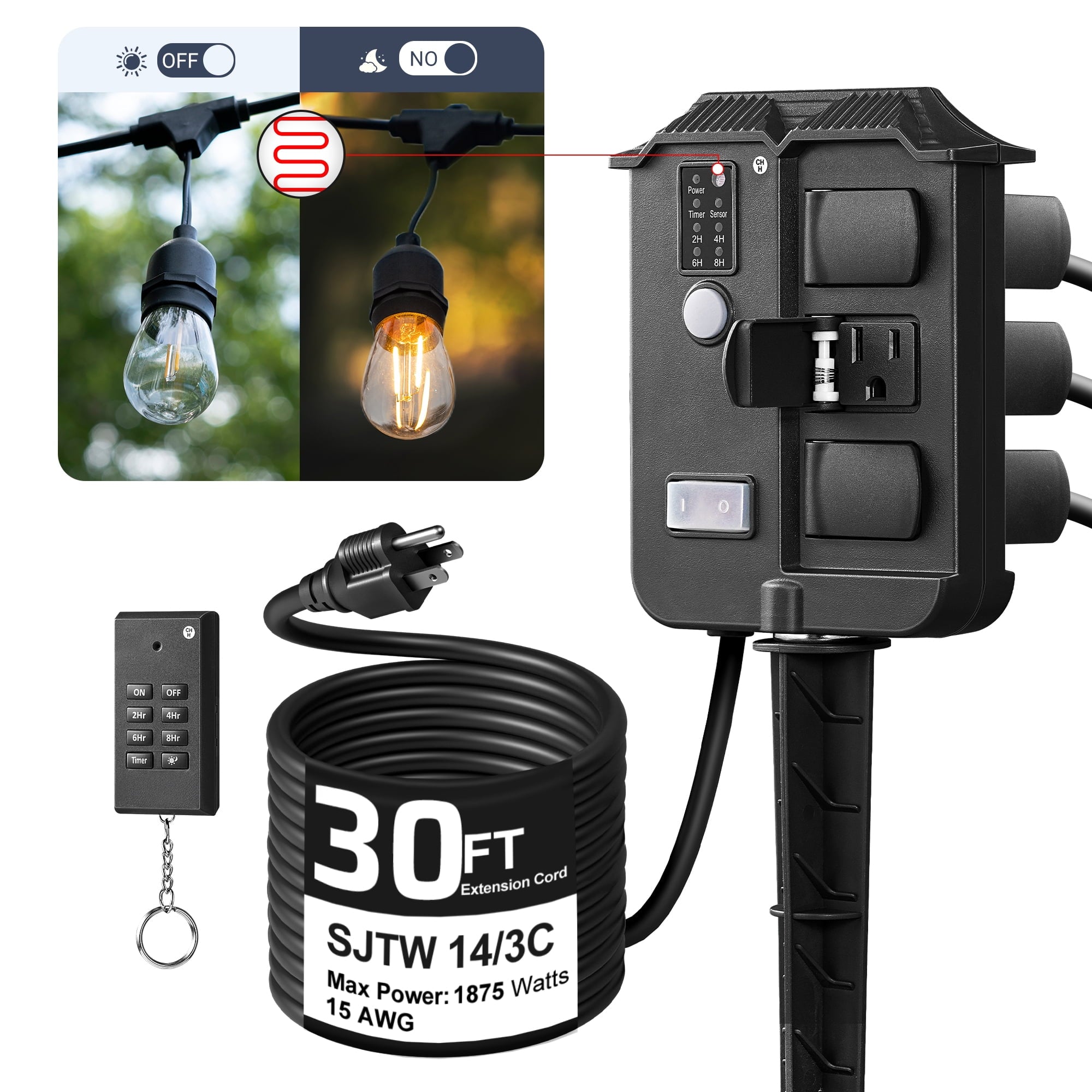 DEWENWILS Outdoor Power Stake Timer with Photocell, 100FT Remote Control, 6 Grounded Outlets, 30FT Extension Cord, Dusk to Dawn Timer for Christmas Lights, Holiday Decoration, Garden Lights