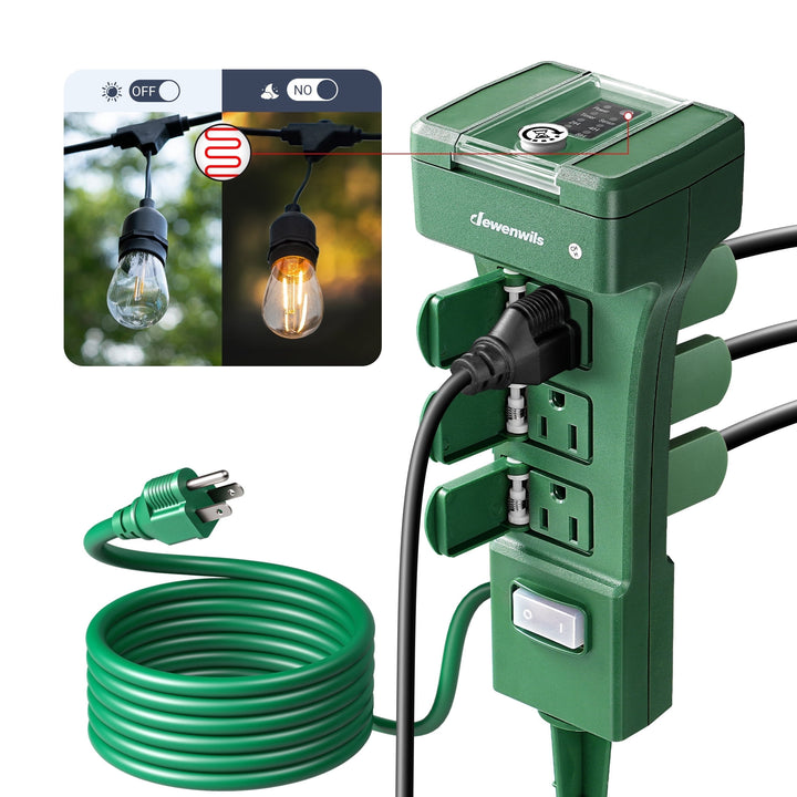 DEWENWILS Outdoor Power Stake Timer with Photocell, 6 Grounded Outlets, 6FT Extension Cord, Dusk to Dawn Timer for Christmas Lights, Halloween Decoration, Garden Lights