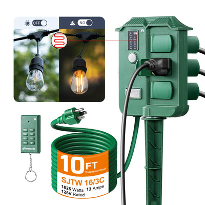 DEWENWILS 6-Outlet Outdoor Power Stake Timer with 10FT Cord, 100FT Control Range, Green