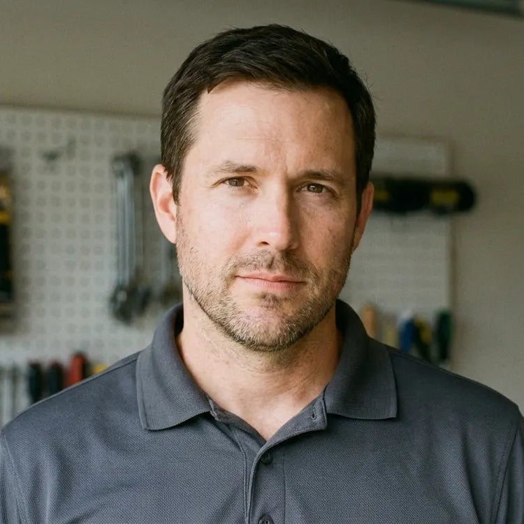 Man wearing a gray polo shirt in a workshop setting