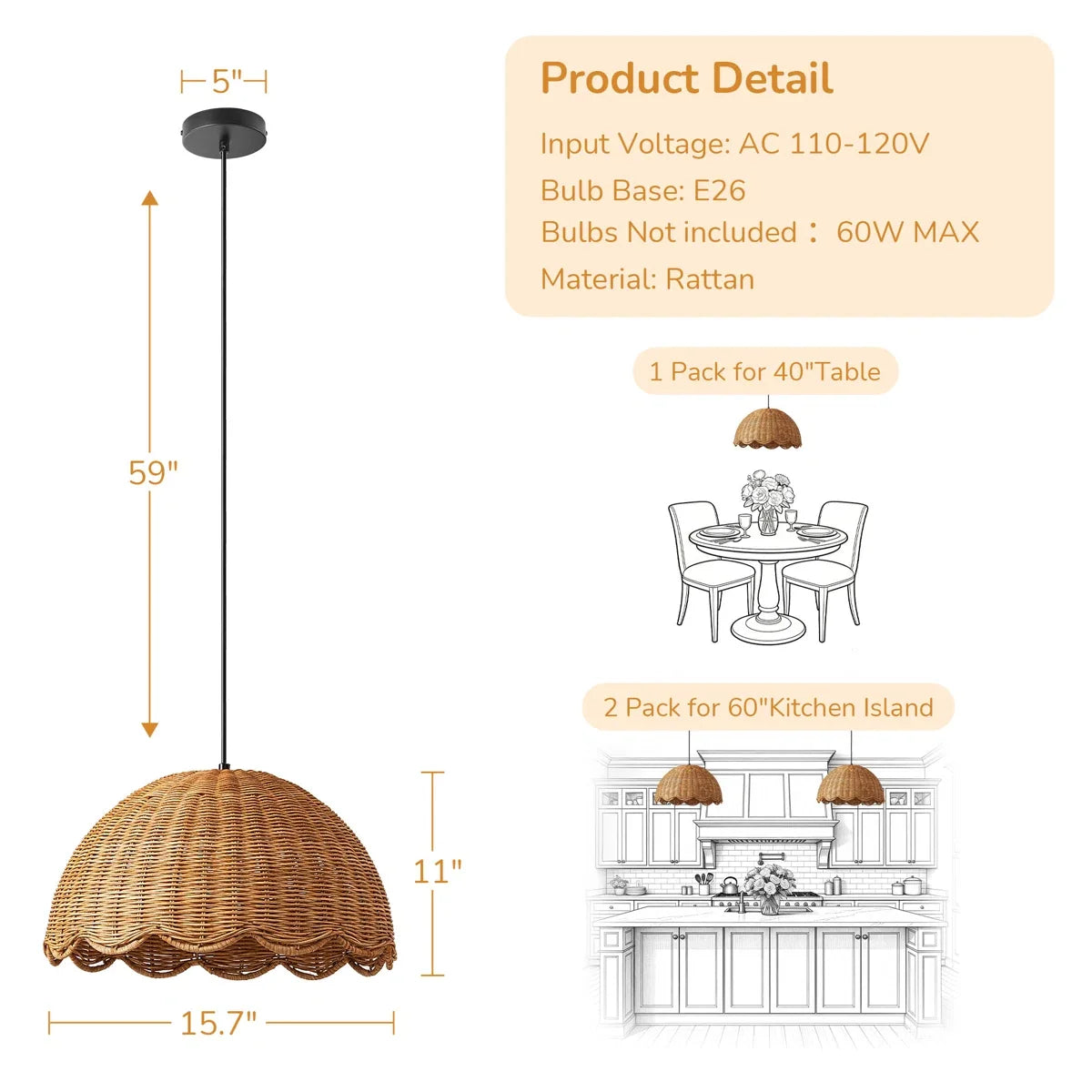 Natural Rattan  Pendant Light  (16")