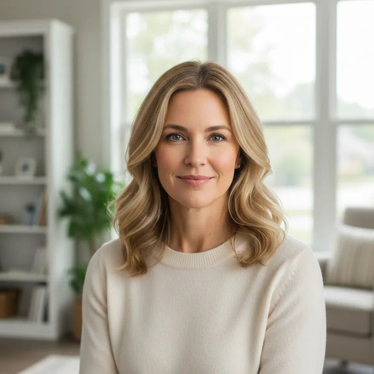 Woman in a white sweater standing in a bright room with large windows.