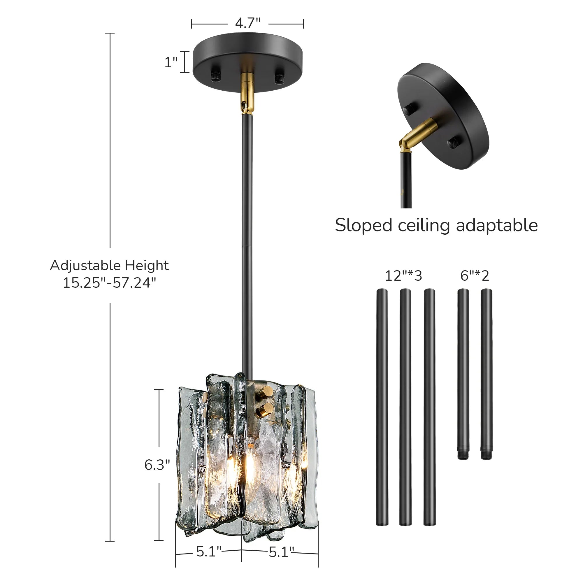 Grey Glass Ripple Pendant Light  (5")