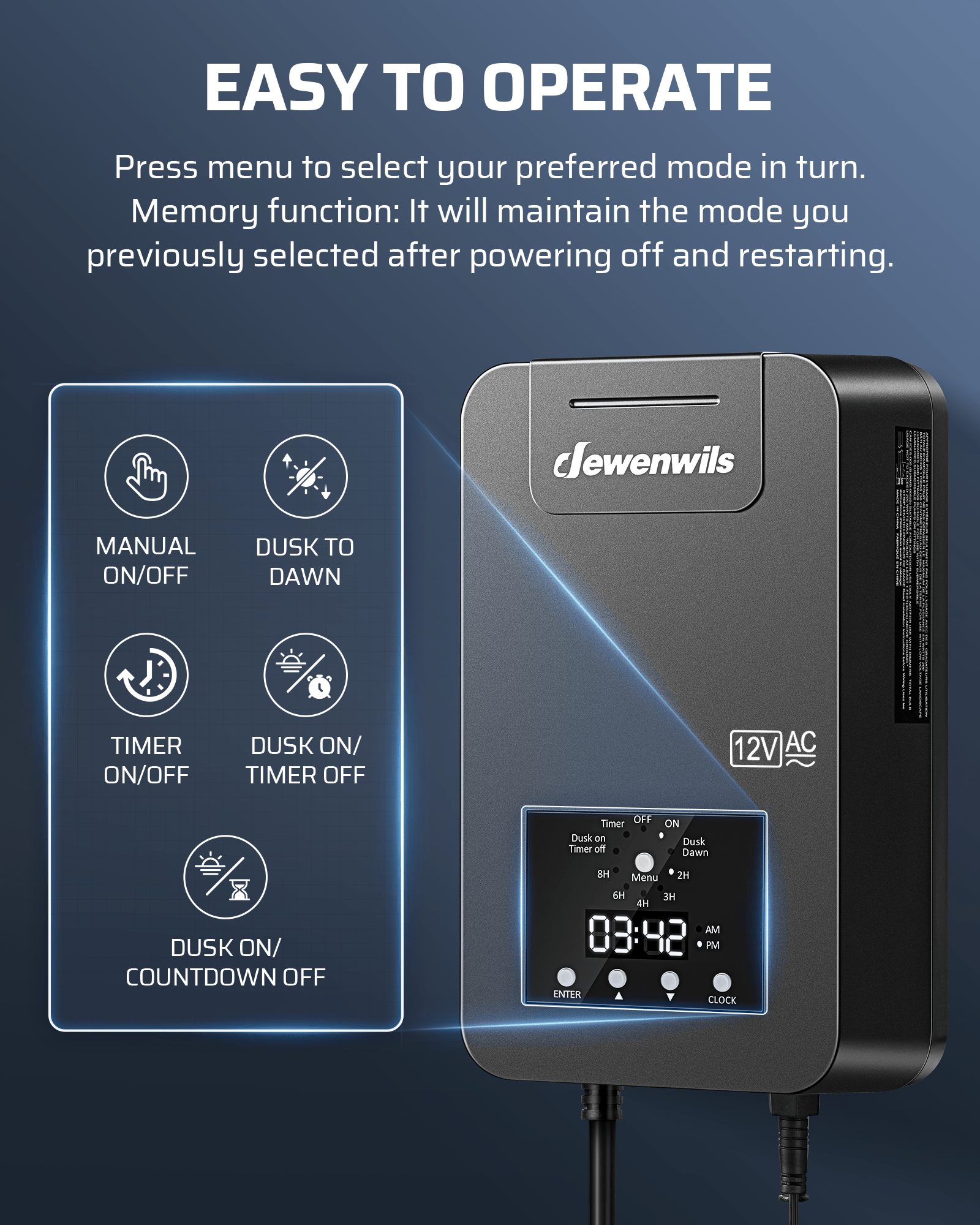DEWENWILS 200W Low Voltage Transformer is easy to operate with menu mode selection and memory function to retain your last setting after power off.